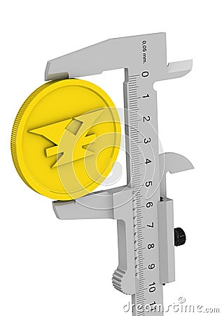 The caliper measures the Chinese coin Stock Photo