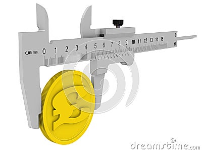 The caliper measures a coin with the British Pound Sterling Stock Photo