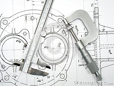 Caliper and Micrometer on technical drawings Stock Photo