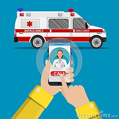 Call ambulance car via mobile phone, Vector Illustration