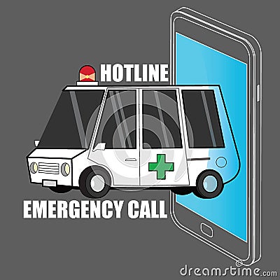 Call ambulance car via mobile phone, concept emergency call. Vector Illustration