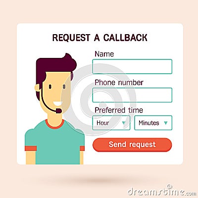 Call back request web form with the man speaking through the headphones. Vector Illustration