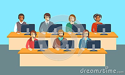 Call center agents team at office flat banner Vector Illustration