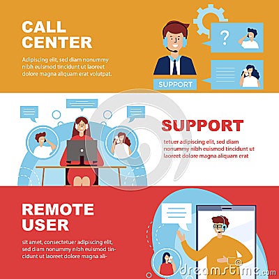 Call center. banners with distance support operators in call center Vector Illustration