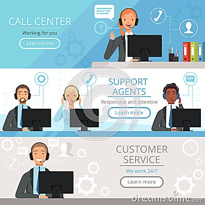 Call center banners. Support agents characters customer service phone helping operators vector cartoon illustrations Vector Illustration