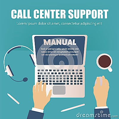 Call center concept, overhead desktop view, vector illustration Vector Illustration