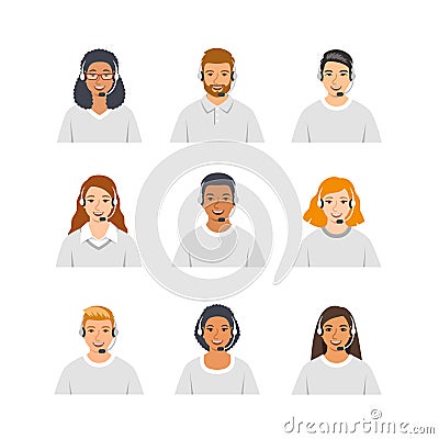 Call center customer care operators with headsets Vector Illustration
