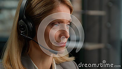 Call center customer service female worker middle aged woman in headset talking to client distant consultation Caucasian Stock Photo