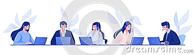 Call center. Customer support and information service concept with cartoon office people, operators on hotline with Vector Illustration