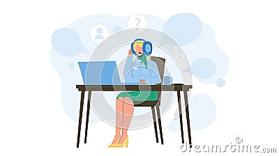 Call Center Dispatcher Working At Table Vector Vector Illustration