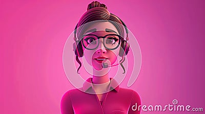 Call center female agent talking. 3d character in glasses. Front view. Woman in pink shirt with a headset Stock Photo