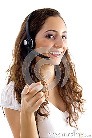 Call center female pointing at camera Stock Photo