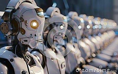 Call center full of robots wearing headphones. AI centered world concept. Neural networks, deep learning, tech savvy, augmented Stock Photo