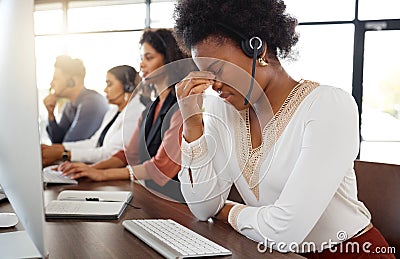 Call center, headache and black woman stress in telemarketing team with crm problem. Customer service anxiety, web Stock Photo