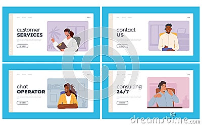 Call Center Landing Page Template Set. Hotline Operators Help Clients to Solve Problems. Male or Female Receptionists Vector Illustration