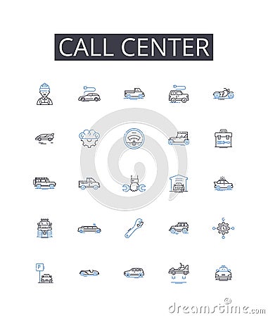 Call center line icons collection. Plot, Character, Theme, Conflict, Protagonist, Antagonist, Setting vector and linear Vector Illustration