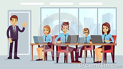 Call center office. Cute hotline managers, businessman or administrator character. Customer service, corporate online Vector Illustration