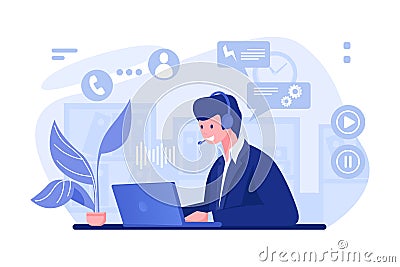 Call center operator. Cartoon character with headset at the desk working in office, customer support and info center Vector Illustration