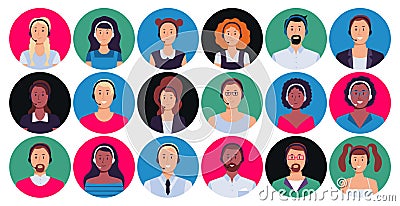 Call center operator. Customer support worker portrait, round avatar hotline contact and supporting person vector set Vector Illustration
