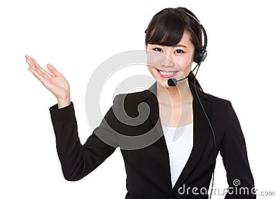 Call center operator with hand showing something Stock Photo