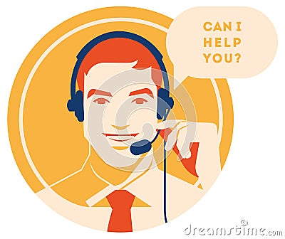 Call center operator with headset icon. Client services and communication, customer support, phone assistance. Vector Illustration