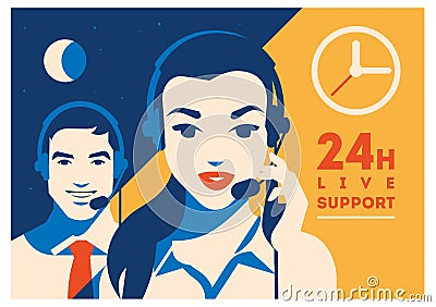 Call center operator with headset poster. Client services and communication, customer support, phone assistance. Vector Illustration