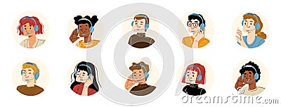 Call center operator isolated avatars, round icons Vector Illustration