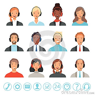 Call center operators avatars. Male and female customer service contact help managers vector web pictures Vector Illustration