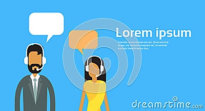 Call Center Operators Team, Indian Man Woman Customer Support Chat Bubble Copy Space Vector Illustration