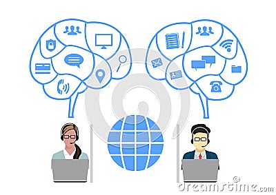 Call Center Operators Team, Man Woman Customer Support People Group Chat Bubble Internet Communication Thin Line Illustration Stock Photo