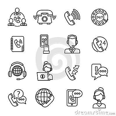 Call Center Outline Icons Set Vector Illustration