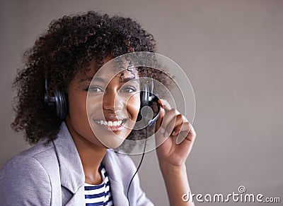 Call center, portrait and woman in headset and happy virtual communication, technical support or client online chat Stock Photo