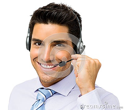 Call Center Representative Talking On Headset Stock Photo