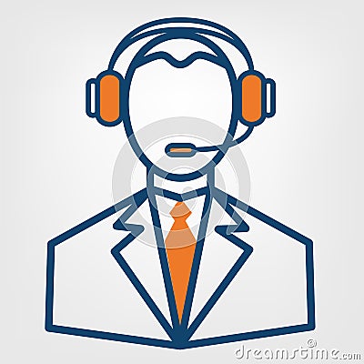Call center support vector sign, man in handsfree headphones icon Vector Illustration