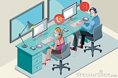 Call Center Team with Headset Vector Illustration