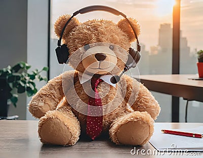 Call center teddy bear with headset sitting on office desk Stock Photo