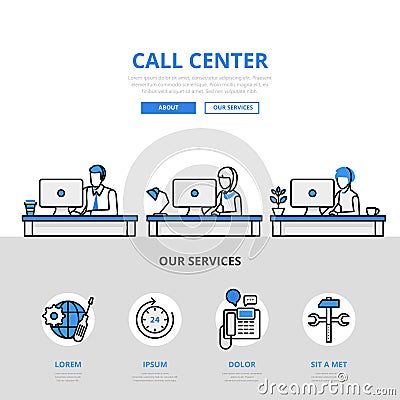 Call center user support office banner flat line art vector icon Vector Illustration