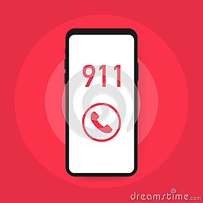 Call 911, emergency call concept. Hand holding smartphone, finger touching call button. Vector illustration. Vector Illustration