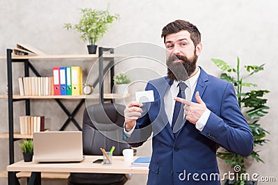 Call me if you have any questions. Card design. Guy formal suit stand in office. Businessman hold blank card. Useful Stock Photo