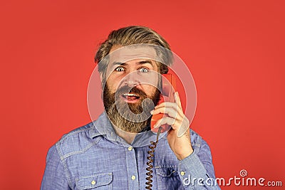 Call me. Successful negotiations. Answering machine. Lead generation specialist. Sales script. Bearded man phone Stock Photo