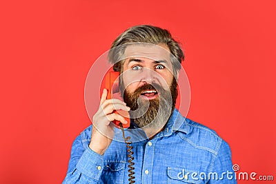 Call me. Successful negotiations. Answering machine. Lead generation specialist. Sales script. Bearded man phone Stock Photo