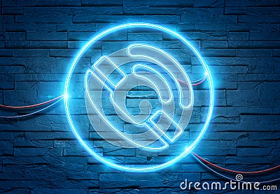 Call neon icon illuminating a brick wall with blue glowing light 3D rendering Stock Photo