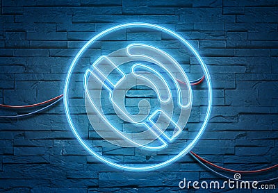 Call neon icon illuminating a brick wall with blue glowing light 3D rendering Stock Photo