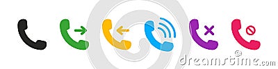 Call phone icon. Telephone call icons with symbol of caller, missed, decline, outgoing and incoming. Set of signs for support. Stock Photo