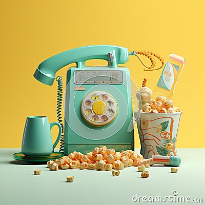 Call style classic old phone vintage blue turquoise telephone antique yellow retro dial Stock Photo