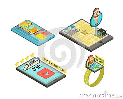 Call Taxi By Gadget Isometric Compositions Vector Illustration