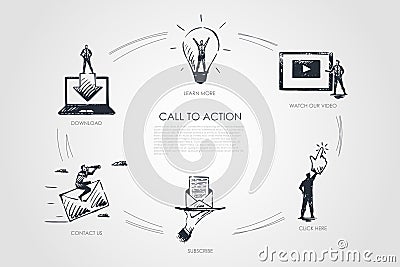 Call to action, learn more, watch our video, click here, subscribe, contact us Vector Illustration