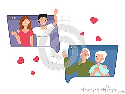 Call to grandparents. Happy family, parents talk with children online. Computer communication, virtual video chatting Vector Illustration