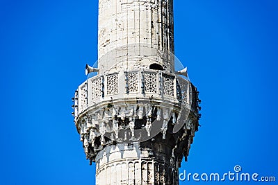 Call to prayer minaret with public announce system, Blue Mosque Stock Photo