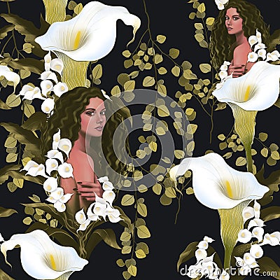 Calla flowers with leaves and beautiful girl. Fairies of flowers for fabric design,3-d rendering. Beautiful flowers digital Cartoon Illustration